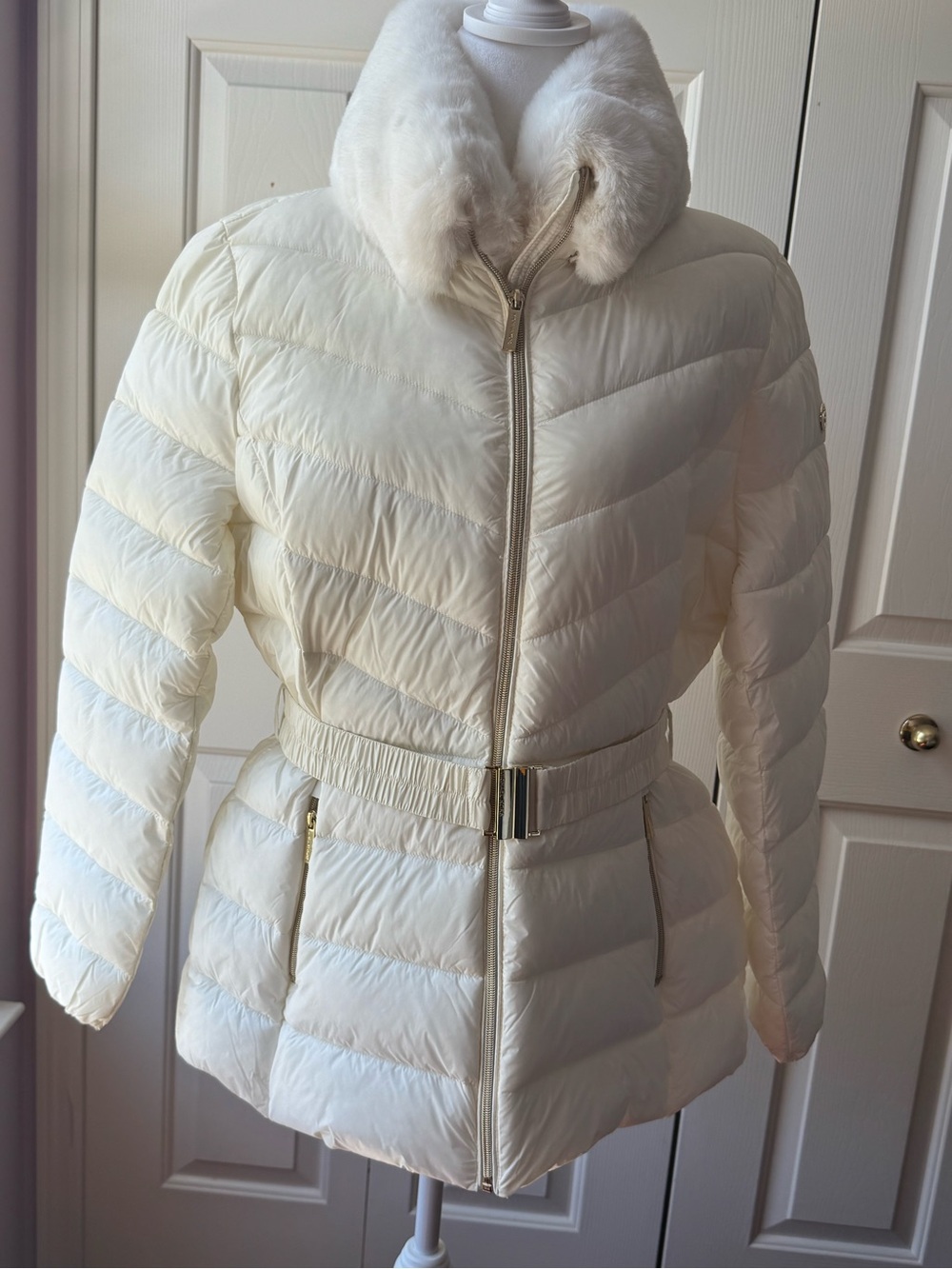 MICHAEL Michael Kors Ivory Quilted Belted Puffer with Faux Fur Collar